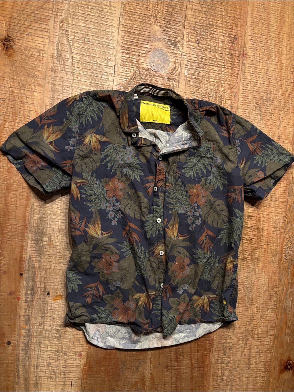 Men's Short Sleeve Tropical Button-Down Shirt - Navy with Green & Brown Print